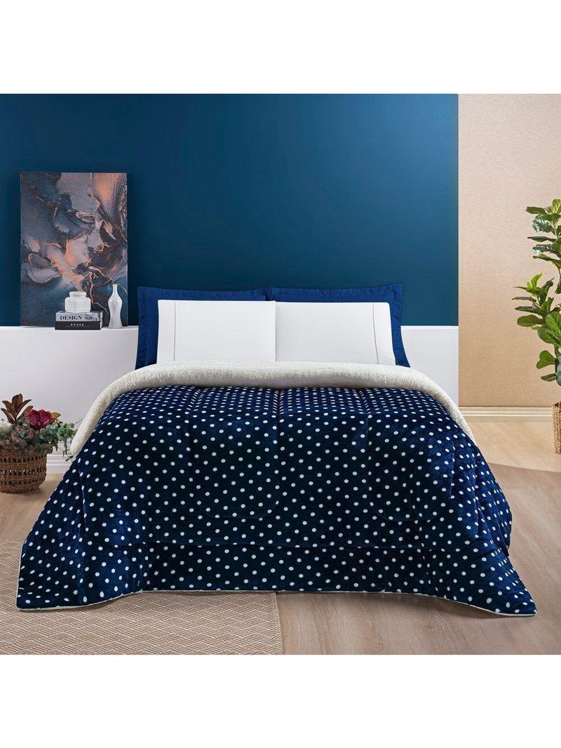 Coberdrom cor utilizada Estampado Sherpa E Flannel Petit Poá Queen 01 Peça Manta Alta 150g - Marinho