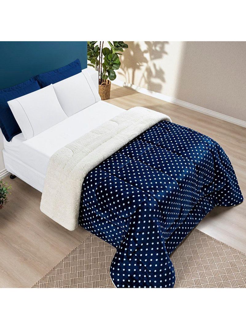 Coberdrom cor utilizada Estampado Sherpa E Flannel Petit Poá Queen 01 Peça Manta Alta 150g - Marinho