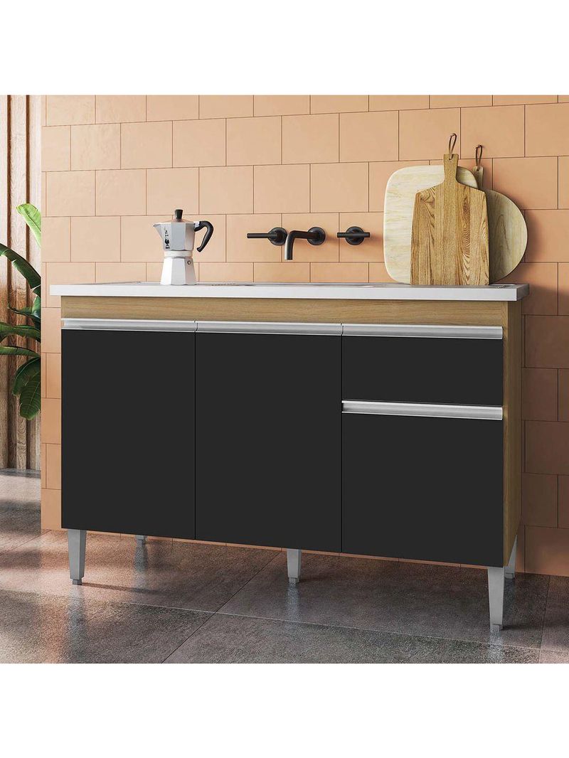 Balcão para Cozinha Tatiane 120cm com 2 Portas e 2 Gavetas - Preto/Amêndoa