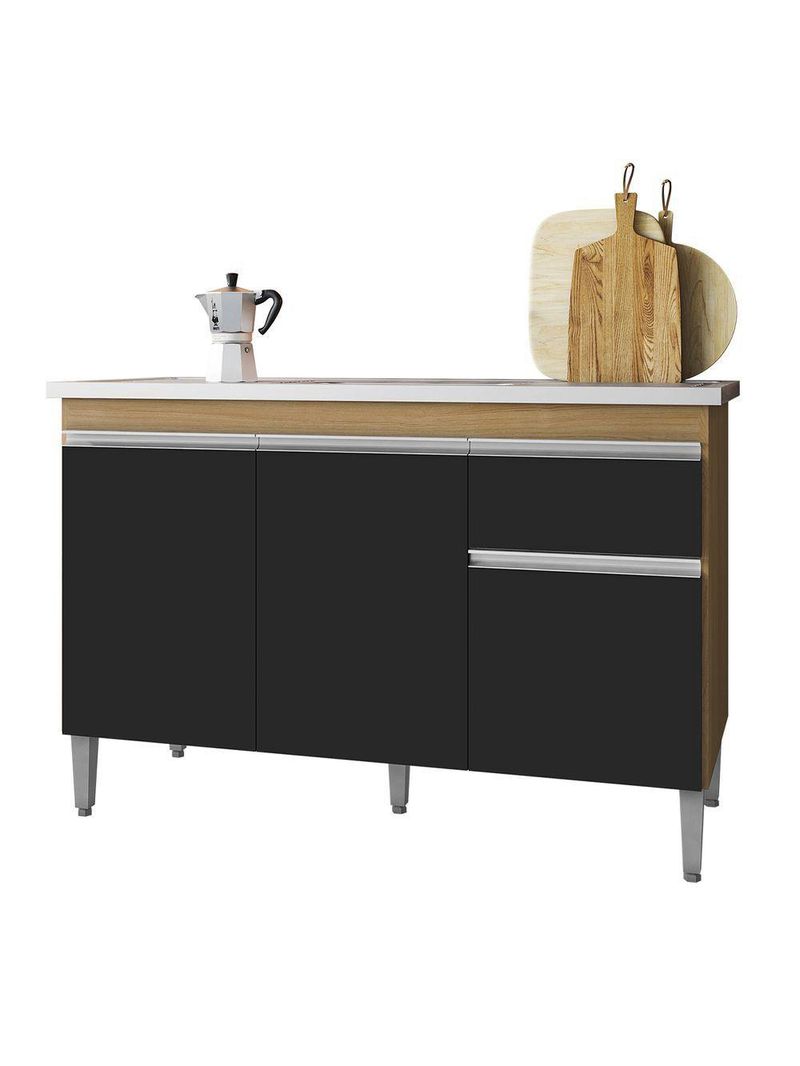 Balcão para Cozinha Tatiane 120cm com 2 Portas e 2 Gavetas - Preto/Amêndoa