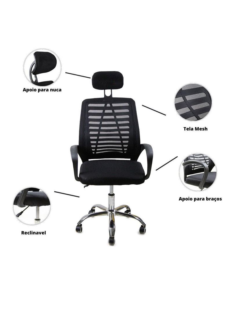 Kit 2 Cadeiras Escritório Diretor Tela Mesh Encosto De Cabeça Preto