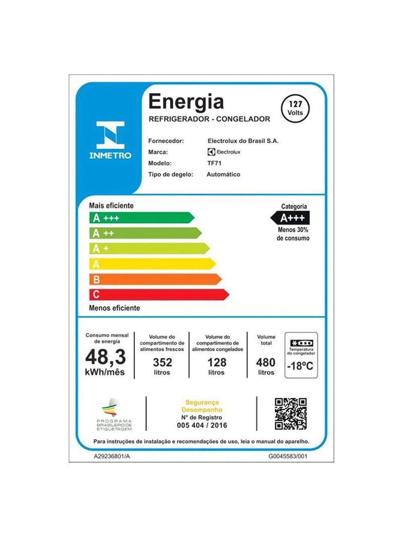 Geladeira Electrolux Frost Free Com AutoSense 480L Efficient Duplex Branca TF71 Branco 220V