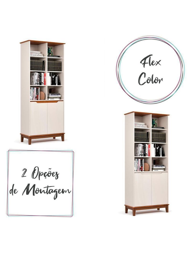 Livreiro Ej Flow 2 Portas 6 Prateleiras Com Pés Madeira Off White/Freijo