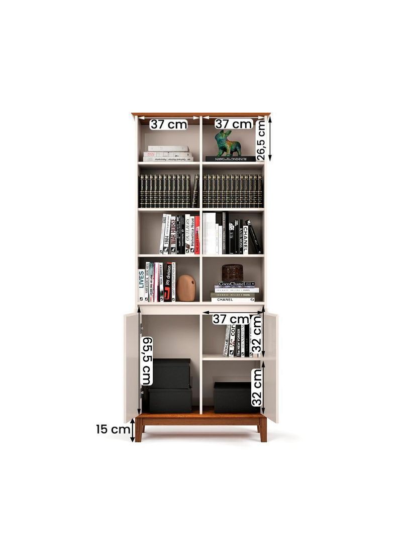 Livreiro Ej Flow 2 Portas 6 Prateleiras Com Pés Madeira Off White/Freijo