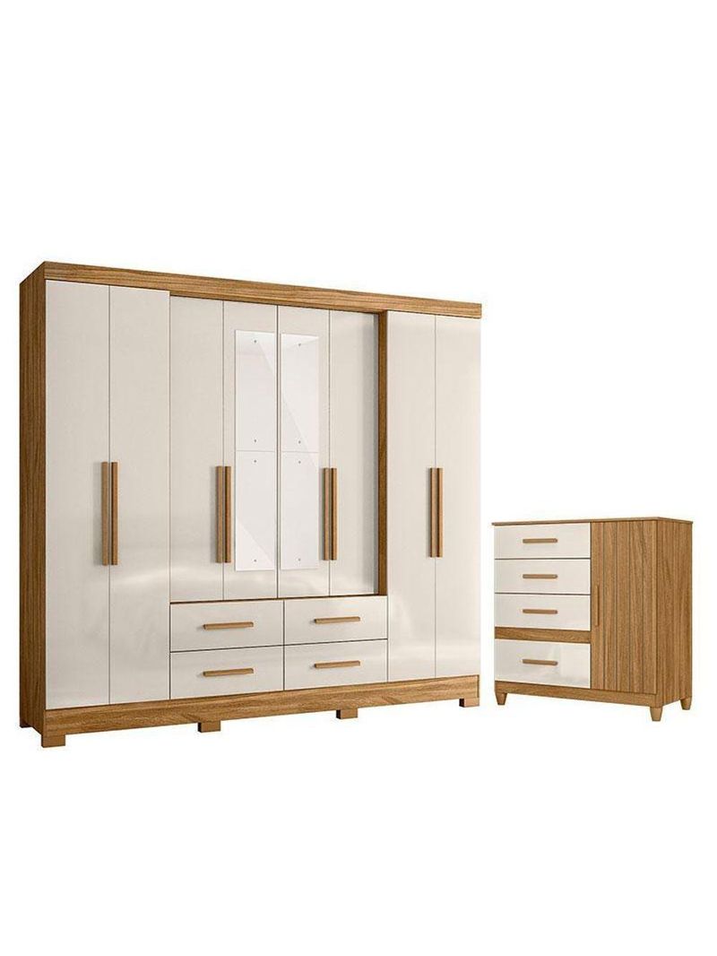 Guarda Roupa Casal San Lorenzo com Espelho e Cômoda Vênus com Pés Freijó Off White – Moval