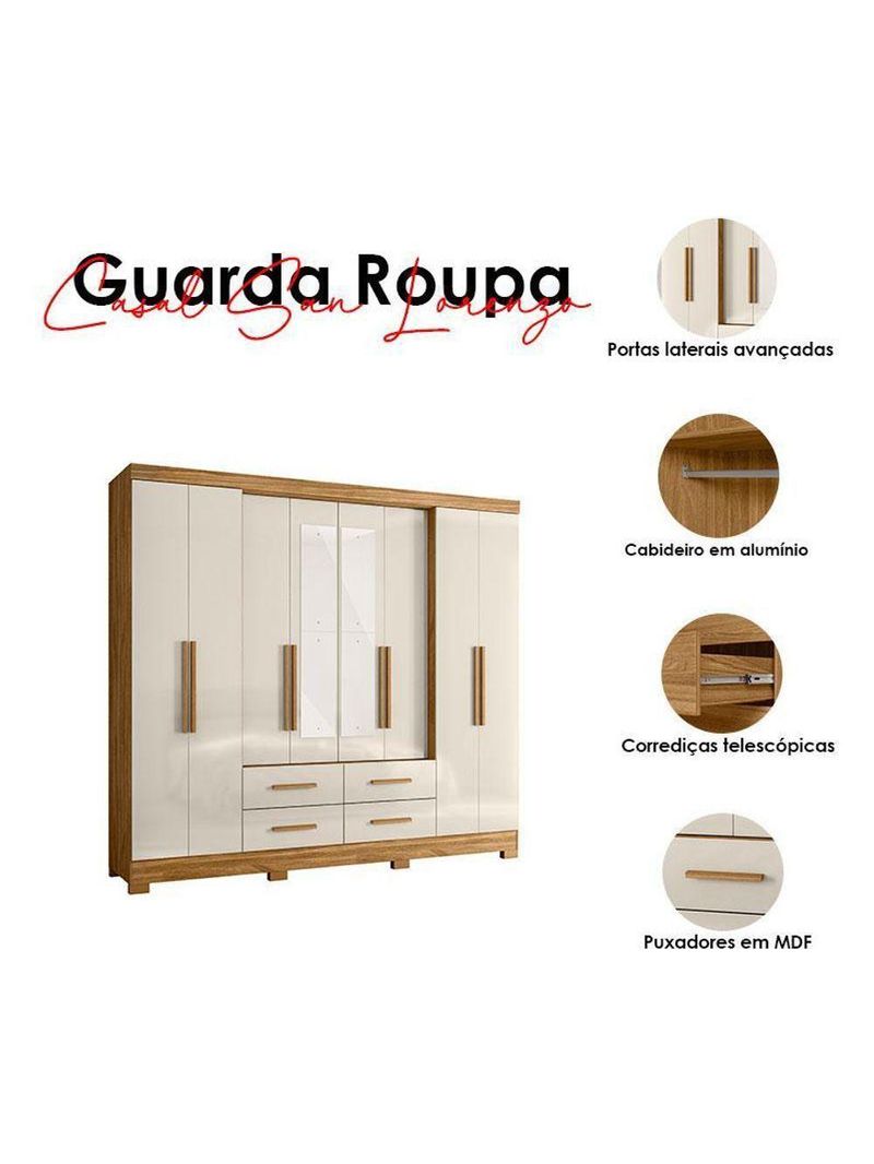Guarda Roupa Casal San Lorenzo com Espelho e Cômoda Vênus com Pés Freijó Off White – Moval