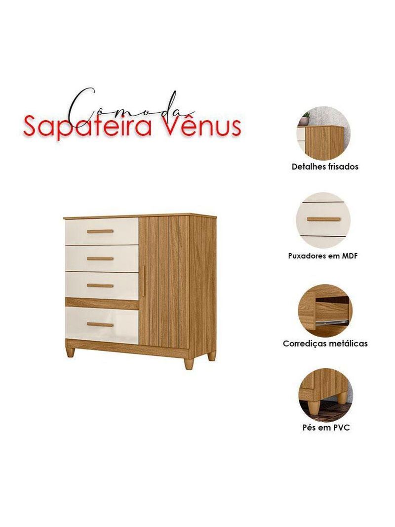 Guarda Roupa Casal San Lorenzo com Espelho e Cômoda Vênus com Pés Freijó Off White – Moval