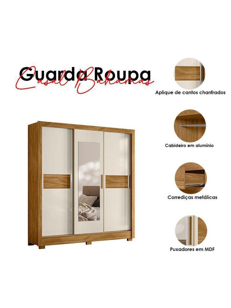 Guarda-Roupa Casal Bahamas 3 Portas Freijó Off White com Espelho – Moval