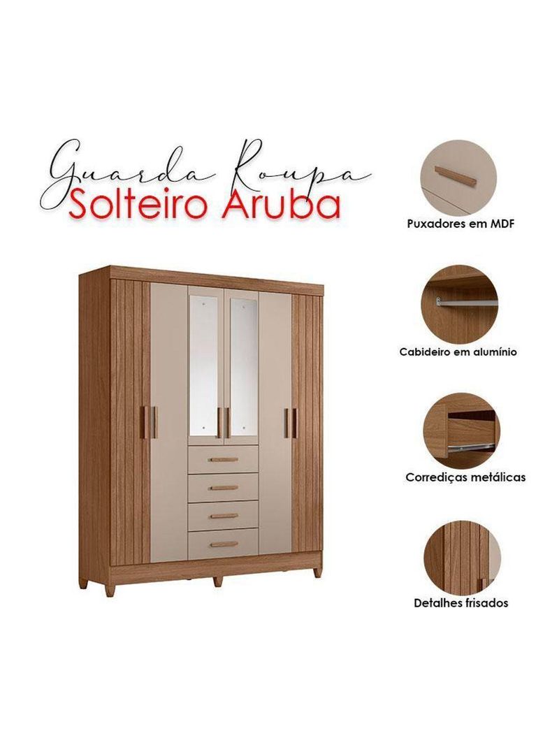 Guarda Roupa Solteiro Aruba com Espelho e Cômoda Dhara Carvalho Fendi – Moval