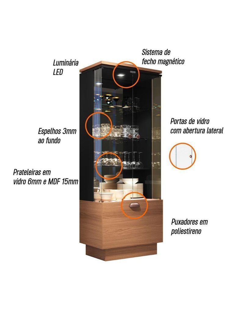 Cristaleira Hb Móveis Aura 2 Portas De Vidro 1 Gaveta Nature-preto - Linha Exclusiva