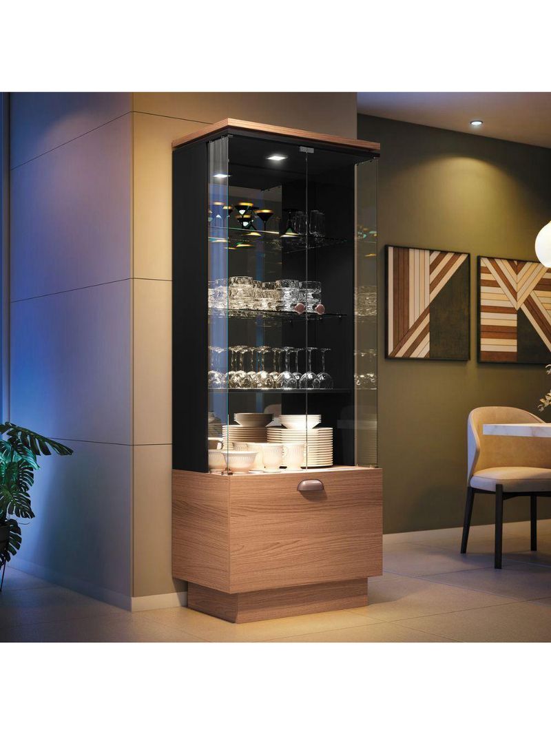 Cristaleira Hb Móveis Aura 2 Portas De Vidro 1 Gaveta Nature-preto - Linha Exclusiva
