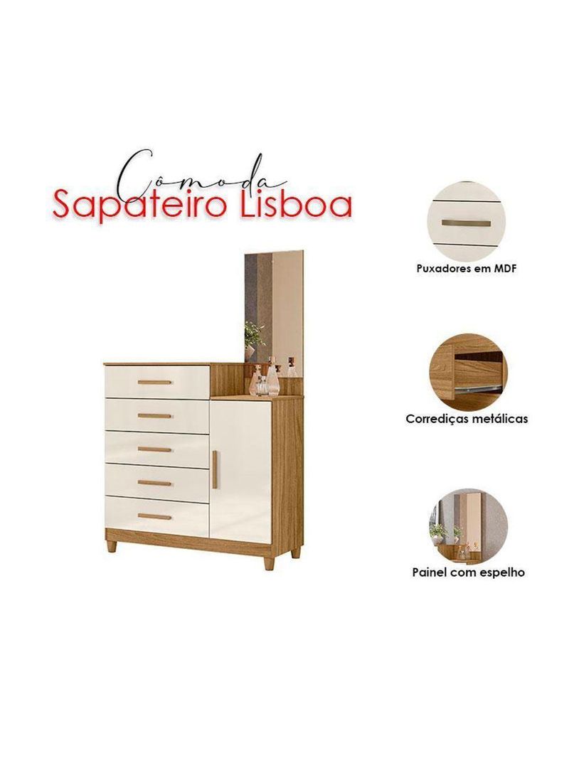 Guarda Roupa Casal Dhara E Cômoda Lisboa Freijó Off White - Moval