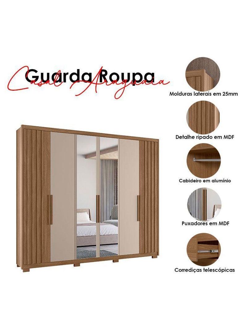 Guarda-Roupa Casal Araguaia e Cômoda Georgia Carvalho Fendi com Espelho – Moval