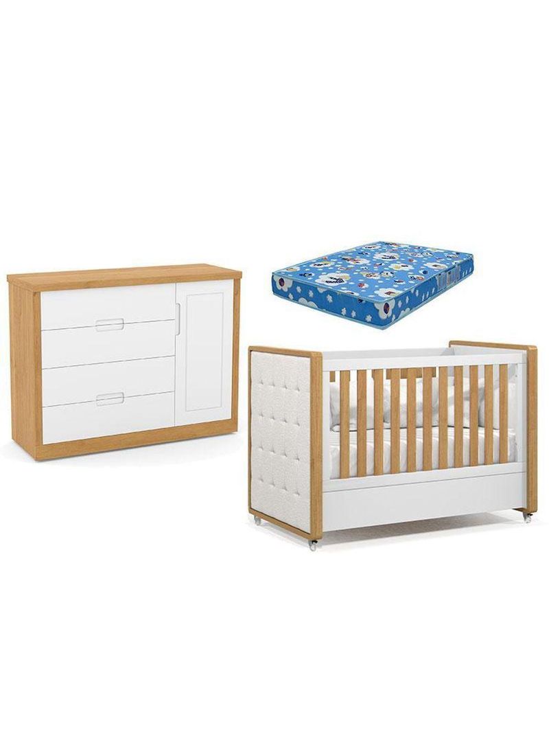 Berço Americano Com Capitonê New Boucle E Cômoda Infantil Tutto New Freijó Branco Acetinado E Colchão Ortobom - Matic