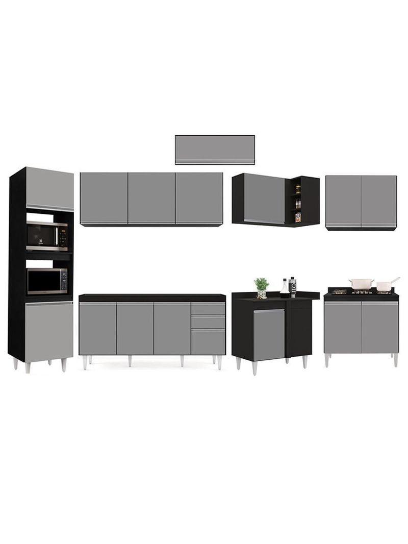 Armário de Cozinha Modulada de Canto 8 Peças CP07 Balcão Preto/Cinza - Lumil