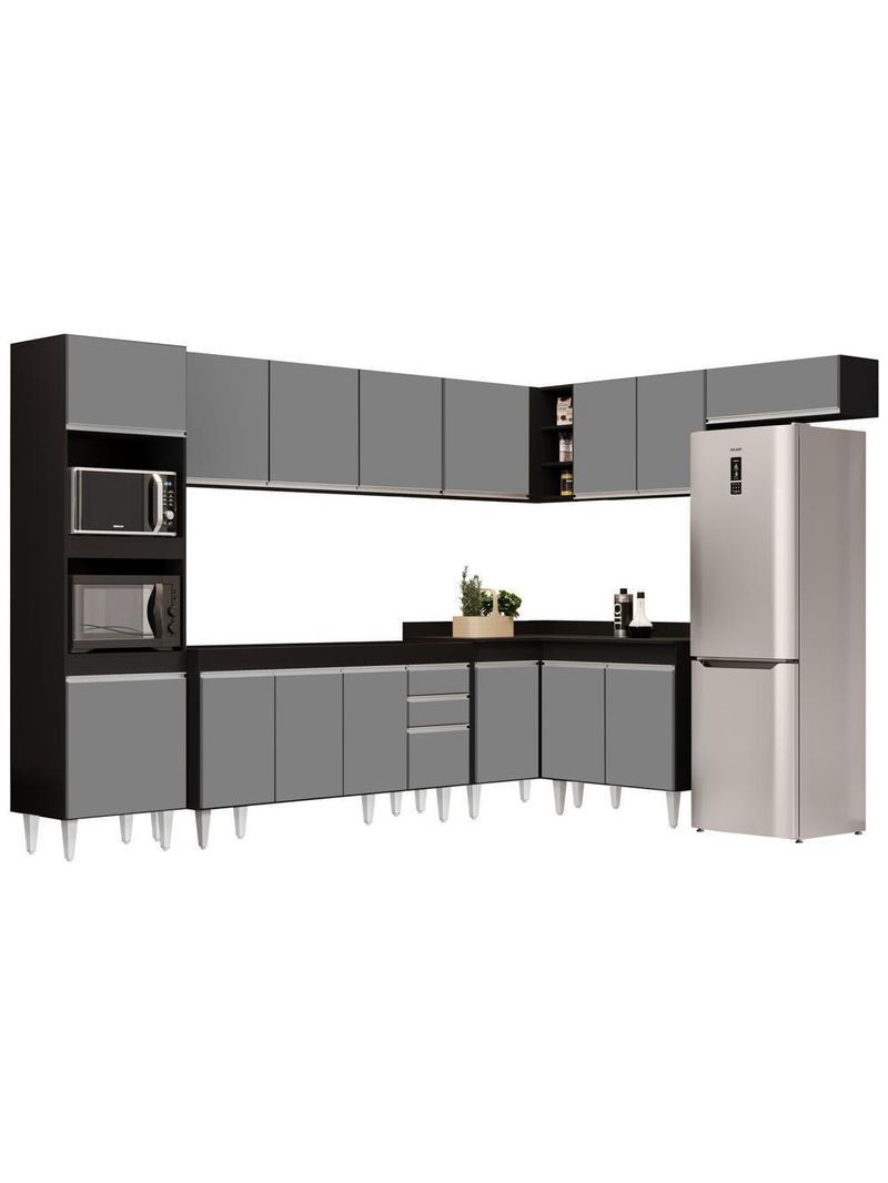 Armário de Cozinha Modulada de Canto 8 Peças CP07 Balcão Preto/Cinza - Lumil