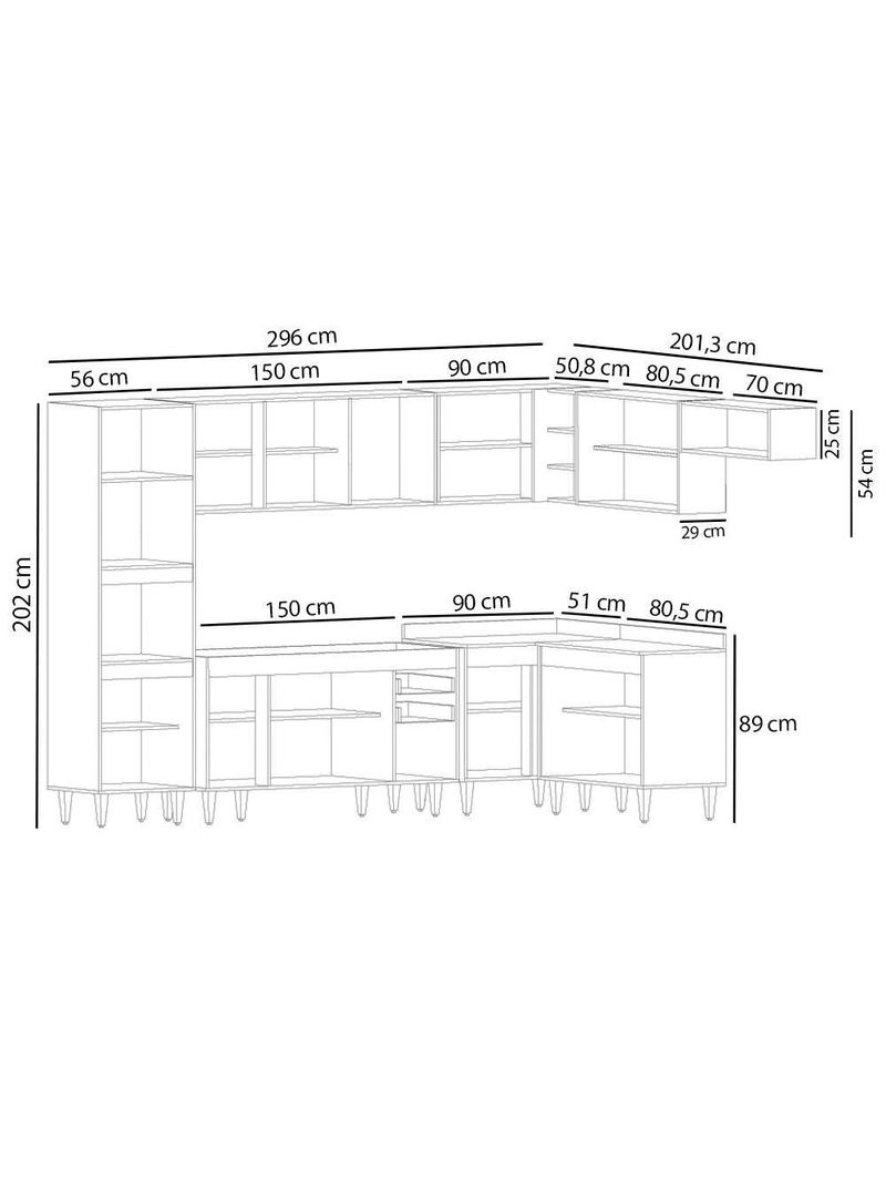 Armário de Cozinha Modulada de Canto 8 Peças CP07 Balcão Preto/Cinza - Lumil