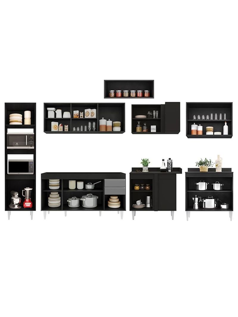 Armário de Cozinha Modulada de Canto 8 Peças CP07 Balcão Preto/Cinza - Lumil