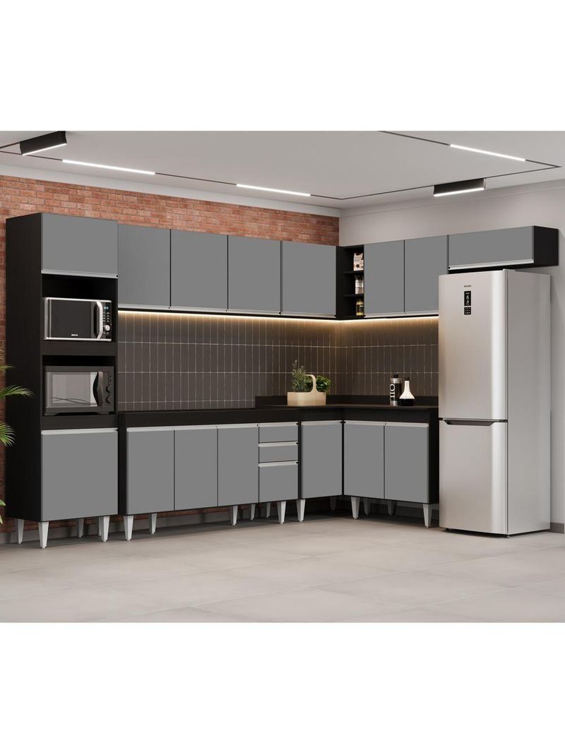 Armário de Cozinha Modulada de Canto 8 Peças CP07 Balcão Preto/Cinza - Lumil