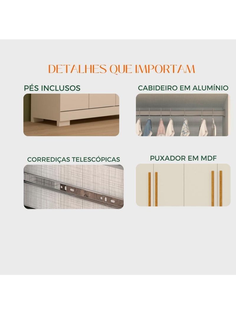 Guarda-Roupa Casal Canadá 6 Portas E 2 Gavetas 100% MDF Linha Mobília Cinamomo/Off White