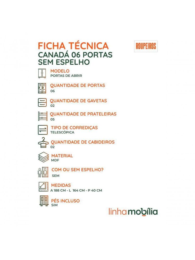 Guarda-Roupa Casal Canadá 6 Portas E 2 Gavetas 100% MDF Linha Mobília Cinamomo/Off White