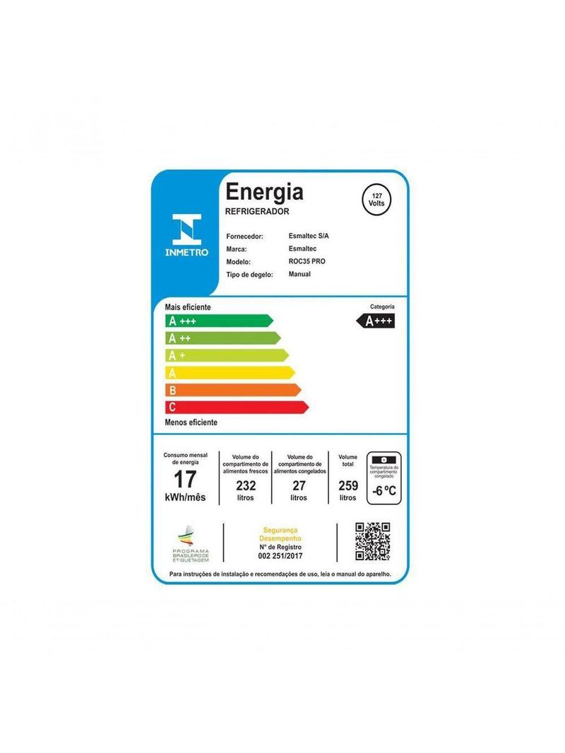 Geladeira Esmaltec 259L Inverter Cycle Defrost ROC35 Pro Branco - 220V