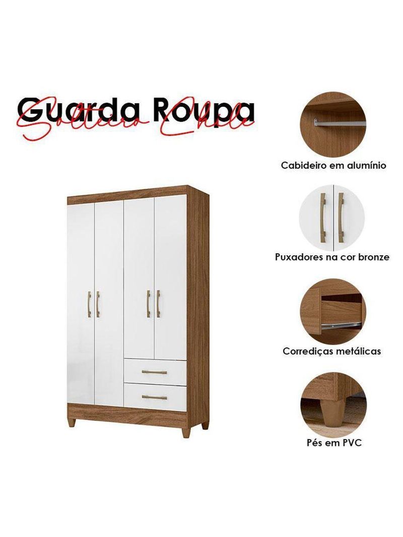 Guarda Roupa Solteiro Chile 4 Portas Naturale Branco - Moval