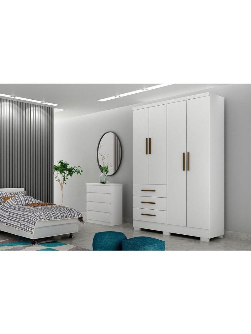 Guarda-Roupa Solteiro 4 Portas e 3 Gavetas com Pés Encant Branco - Novo Horizonte