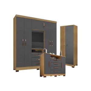 Guarda Roupa Casal Imperial E Cômoda Madri Com Armário Multiuso Versatile Carvalho Americano Grafite – Incorplac