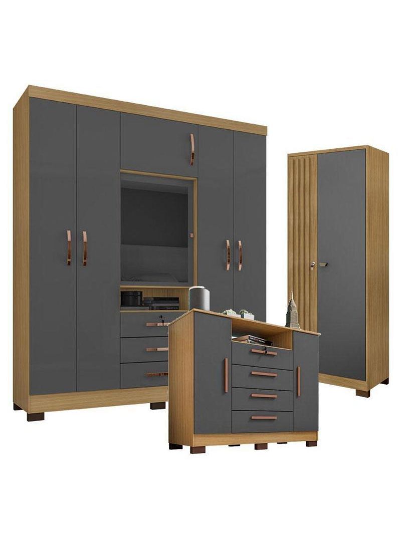 Guarda Roupa Casal Imperial E Cômoda Madri Com Armário Multiuso Versatile Carvalho Americano Grafite – Incorplac