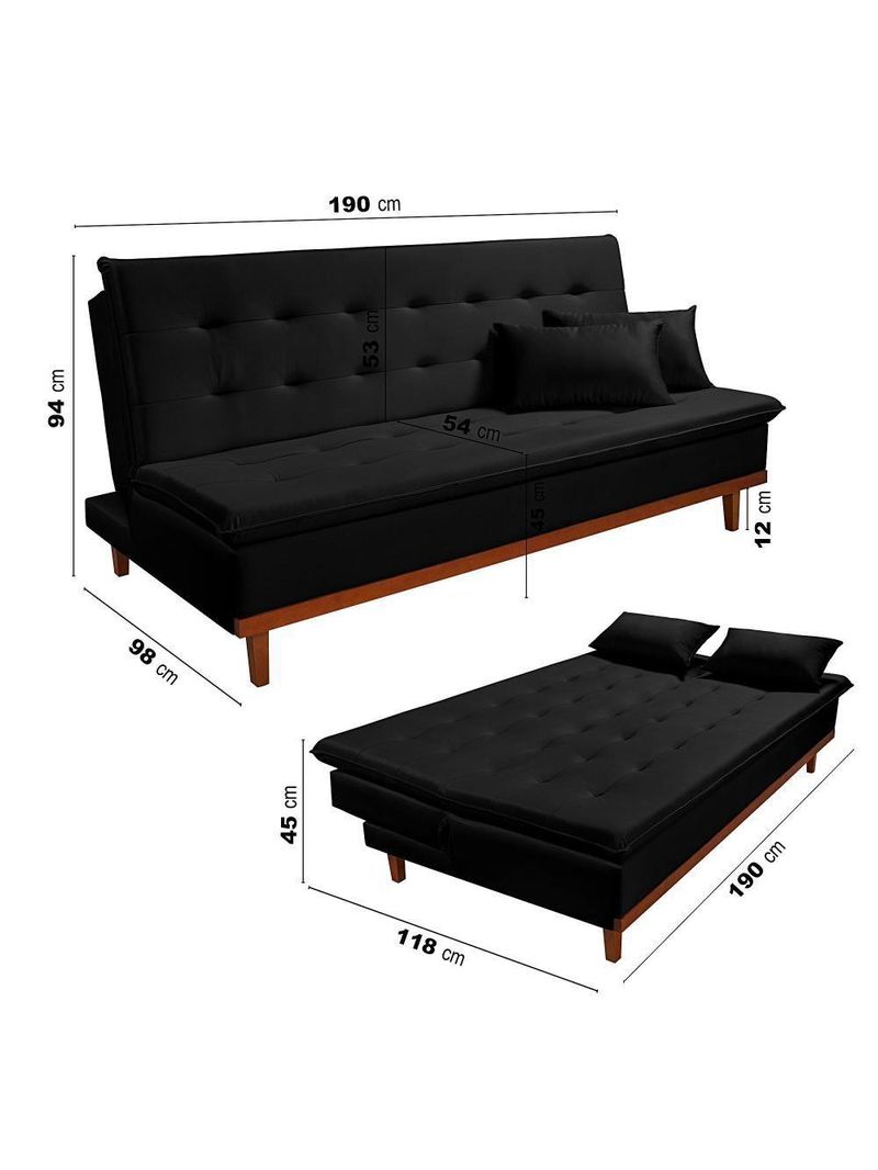 Sofá Cama Reclinável Santorini Veludo Confortável Base de Madeira Preto 176