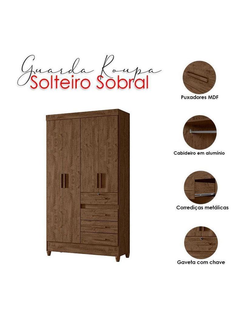 Guarda Roupa Solteiro Ambiente Sobral 4 Portas Castanho Wood – Moval