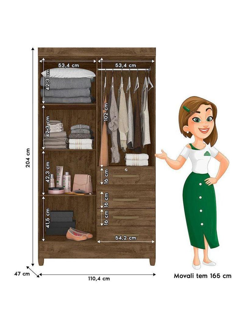 Guarda Roupa Solteiro Ambiente Sobral 4 Portas Castanho Wood – Moval
