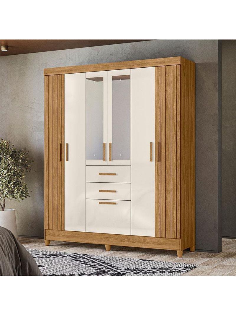 Guarda Roupa Solteiro Malta 7 Portas Freijó Off White com Espelho – Moval