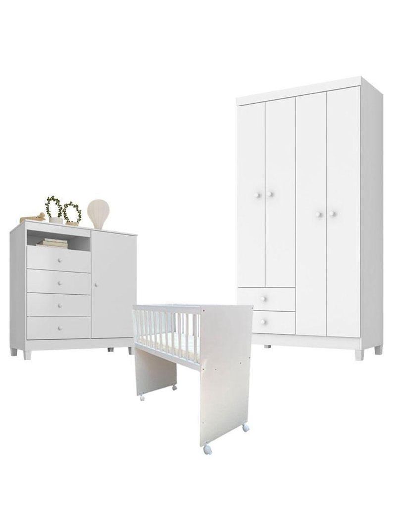 Quarto Bebê 4 Portas Ternura Baby E Mini Berço Moisés Alegria Com Colchão Branco Flex - Incorplac
