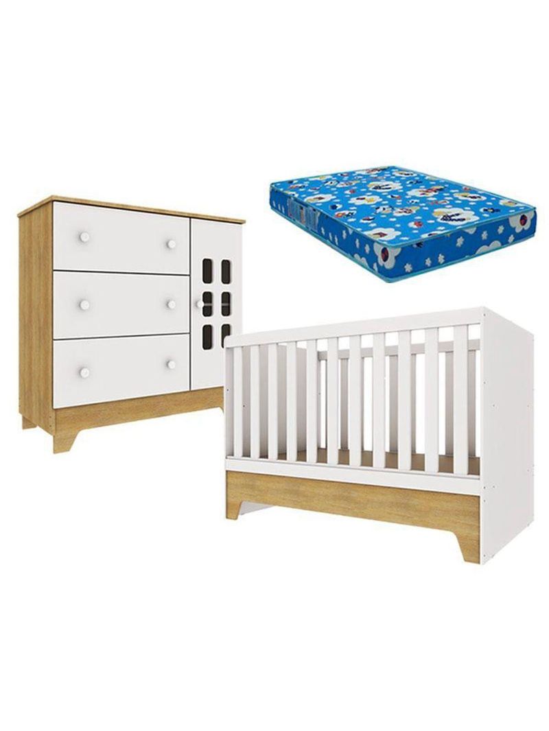 Berço Americano Mini Cama E Cômoda Infantil Malu Branco Acetinado Bétula Com Colchão Ortobom – Carolina