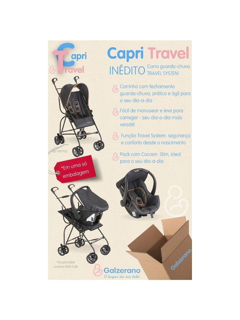 Carrinho de Bebê Capri Travel System Galzerano Ônix com Bebê Conforto Caramelo