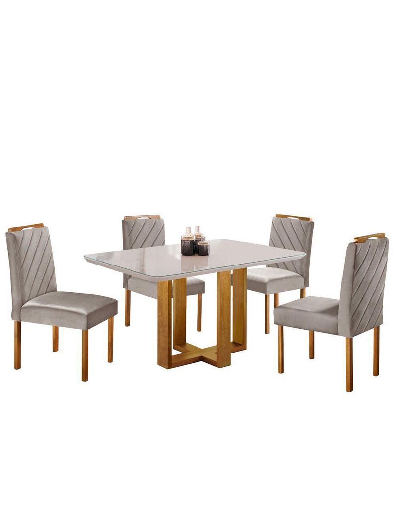 Kit Sala de Jantar 4 Lugares Mesa Lisy e Cadeiras Jade Veludo Off White com Marrom Acinzentado