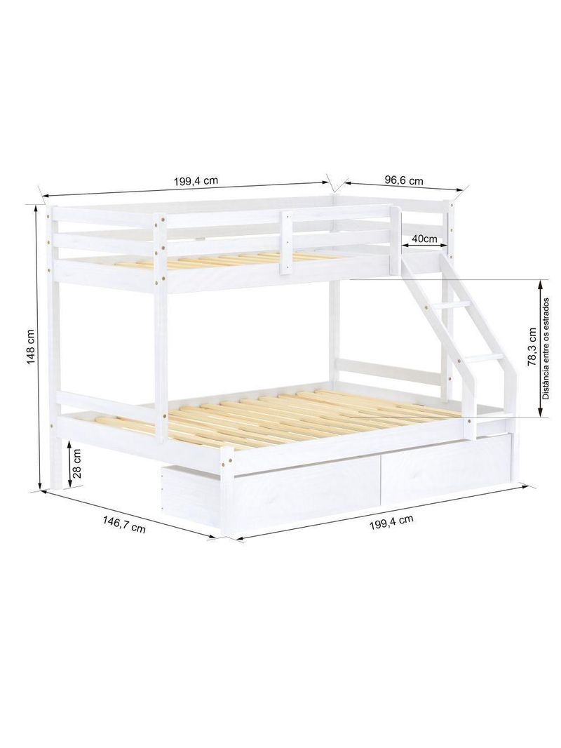 Beliche Com Cama Casal Eco Com 02 Gavetas Madeira Maciça Branco Mobilistore