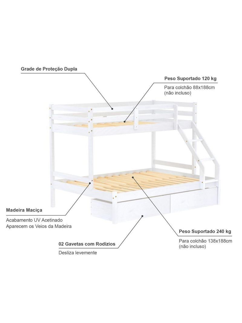 Beliche Com Cama Casal Eco Com 02 Gavetas Madeira Maciça Branco Mobilistore