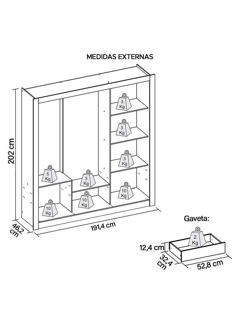 Guarda Roupa 3 Portas E 2 Gavetas Marrom New Glass Caemmun