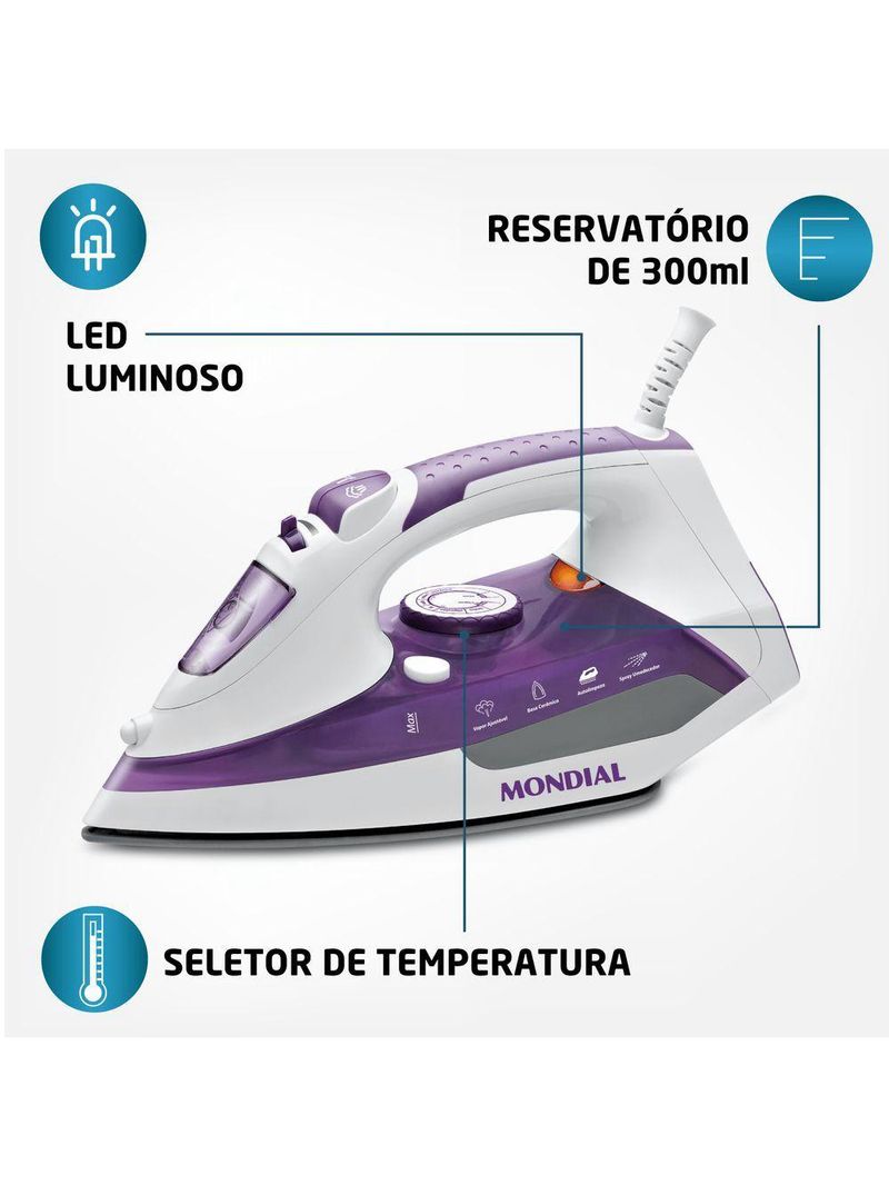 Ferro A Vapor Mondial Ceramic Express F-40 Branco/Lilás 127V