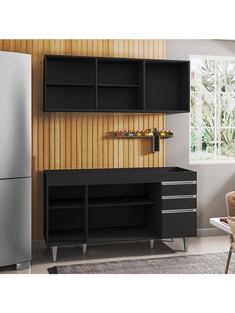 Armário Aéreo Argélia e Balcão Gabinete Para Pia 150cm Sem Tampo Marrocos Preto - Lumil Móveis