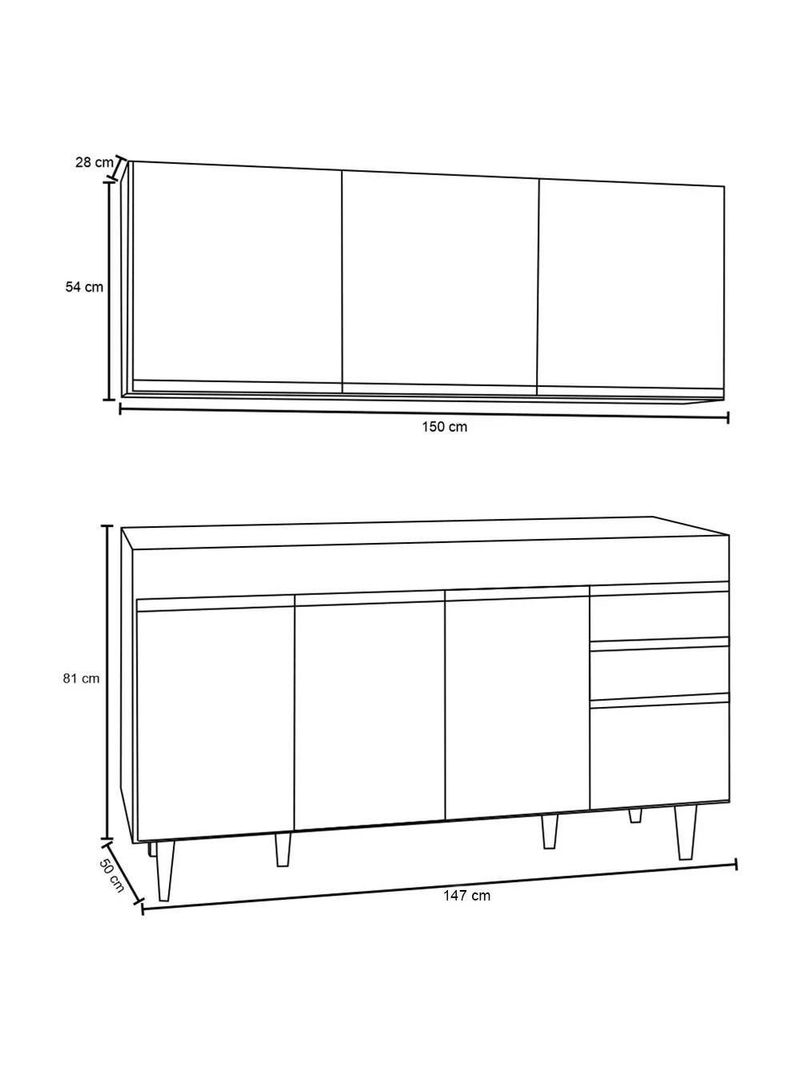 Armário Aéreo Argélia e Balcão Gabinete Para Pia 150cm Sem Tampo Marrocos Preto - Lumil Móveis