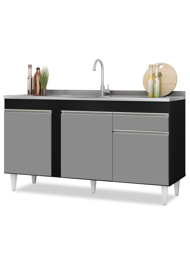Balcão Gabinete Para Pia 150cm 3 Portas 1 Gaveta Preto/Cinza - Lumil