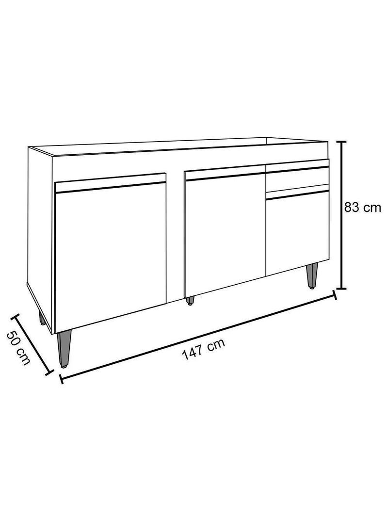Balcão Gabinete Para Pia 150cm 3 Portas 1 Gaveta Preto/Cinza - Lumil