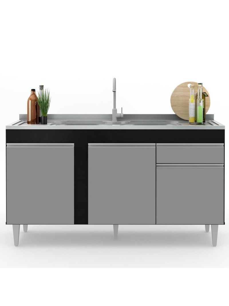 Balcão Gabinete Para Pia 150cm 3 Portas 1 Gaveta Preto/Cinza - Lumil