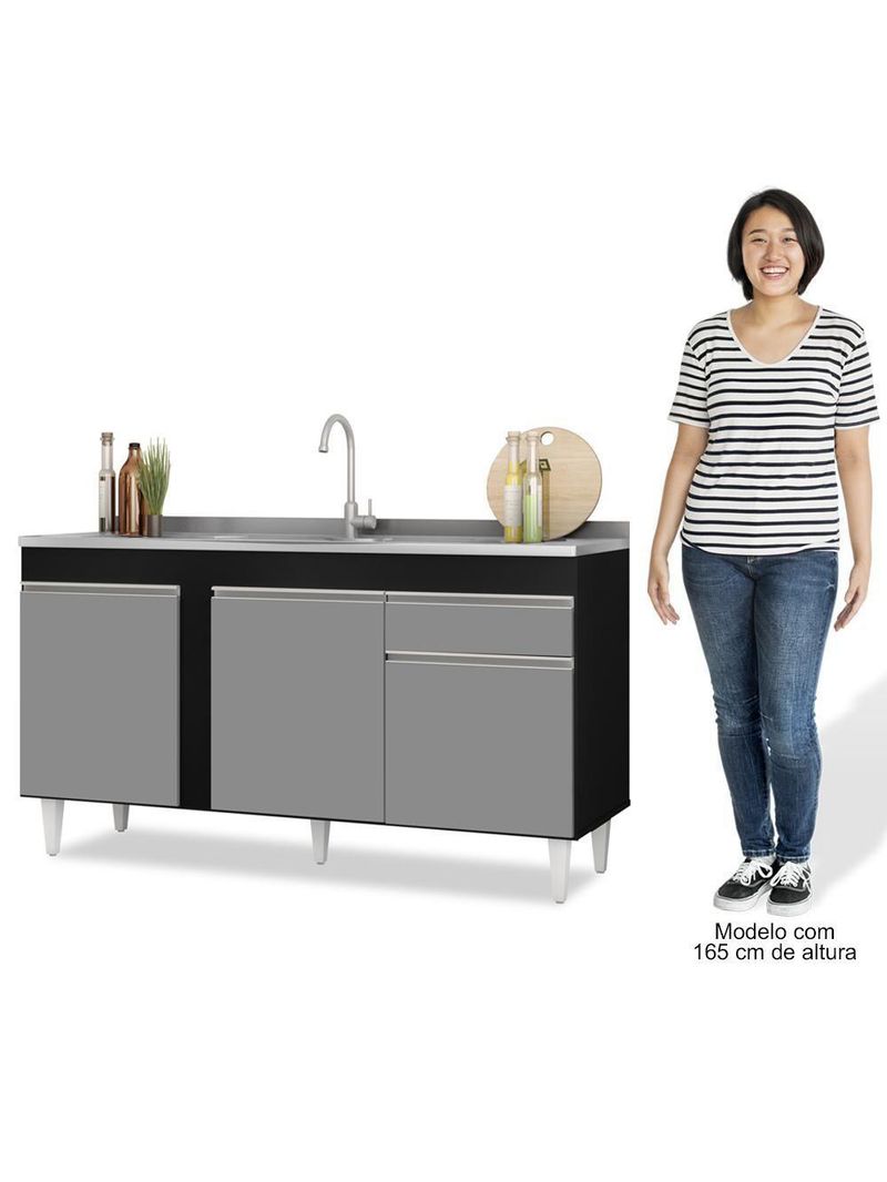 Balcão Gabinete Para Pia 150cm 3 Portas 1 Gaveta Preto/Cinza - Lumil