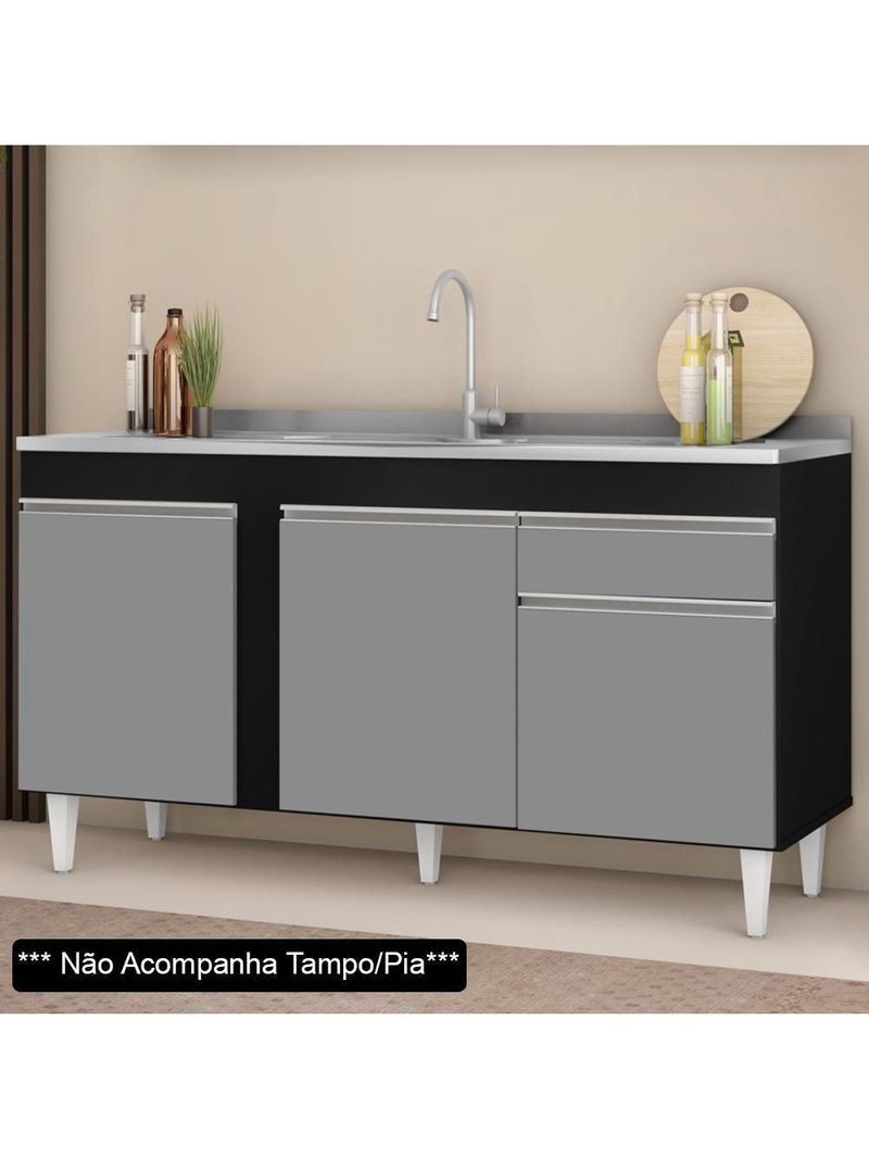 Balcão Gabinete Para Pia 150cm 3 Portas 1 Gaveta Preto/Cinza - Lumil