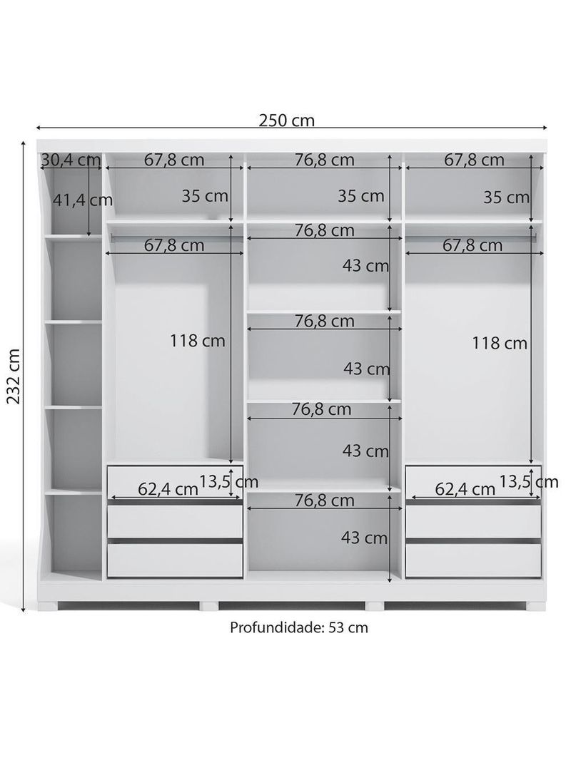 Guarda-Roupa Casal 3 Portas de Correr 6 Gavetas Branco F542